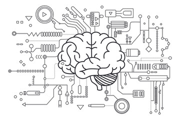 Artificial intelligence brain. Concept of Artificial Intelligence AI and Machine learning. Electronic digital brain, circuit board and human brain outline in flat style.