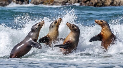 Obraz premium Four playful sea lions leap out of the water, their bodies glistening with spray, as they engage in a lively game.