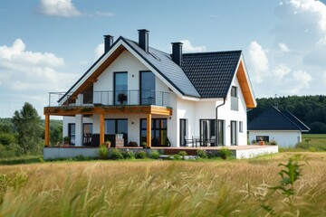 Modern house with large windows, white walls, glass frames, and swimming pool, overlooking green mountains and Lake Como in Italy, minimalist design.