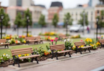 A miniature city park with miniature benches and flower beds