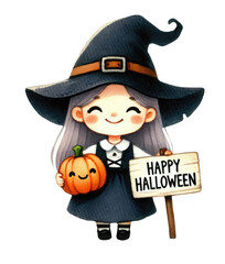 A cheerful witch in a black dress holds a pumpkin and a sign that says 'Happy Halloween', perfect for festive celebrations.