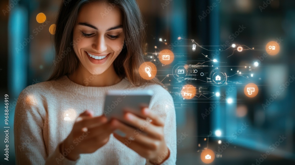 Poster woman smiling while using her smartphone with technology icons