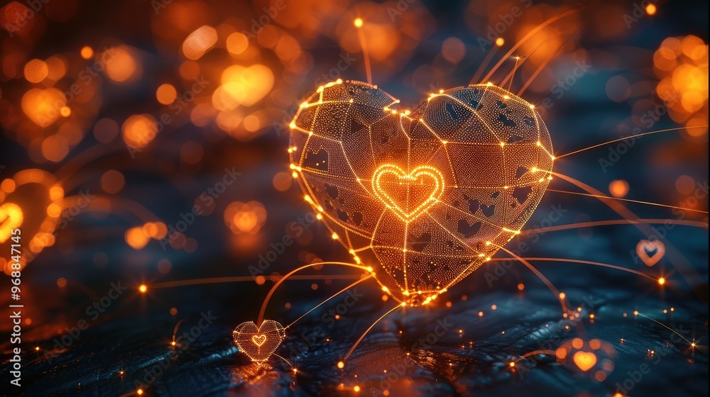 Poster a series of interconnected hearts forming a glowing, radiant network, with thin, golden threads conn