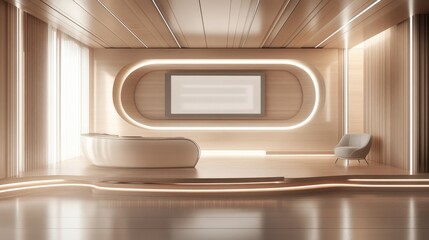 Obraz premium A contemporary news studio equipped with a stylish modern desk, illuminated by soft ambient lighting, ready for a broadcast