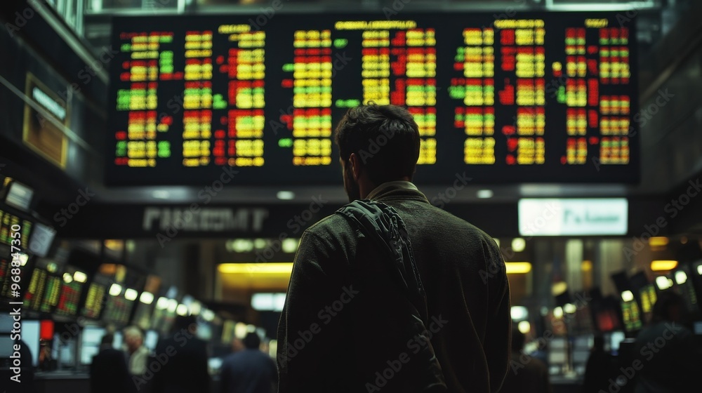 Poster A man standing in front of a large stock ticker display