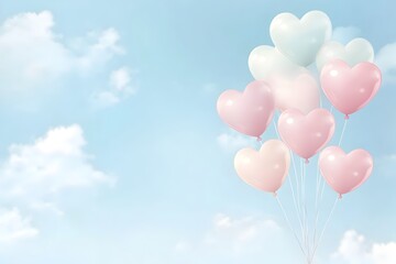 Soft Pastel Heart Balloons Floating in Blue Sky Anniversary Background