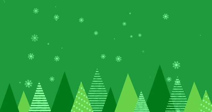 Animation of snowflakes over christmas trees on green background - Powered by Adobe