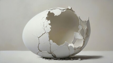 A Cracked White Egg Shell on a White Surface