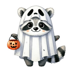 A cute raccoon dressed as a ghost, holding a Halloween pumpkin. Perfect for festive illustrations and children's designs.