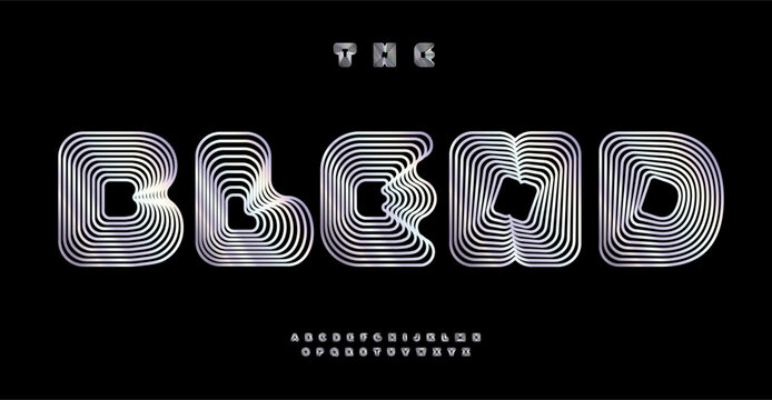 Blend font, distorted letters with blending lines creating 3D letters optical illusion. Round geometric stripes typography for tech identity, branding, creative posters. Vector typeset.