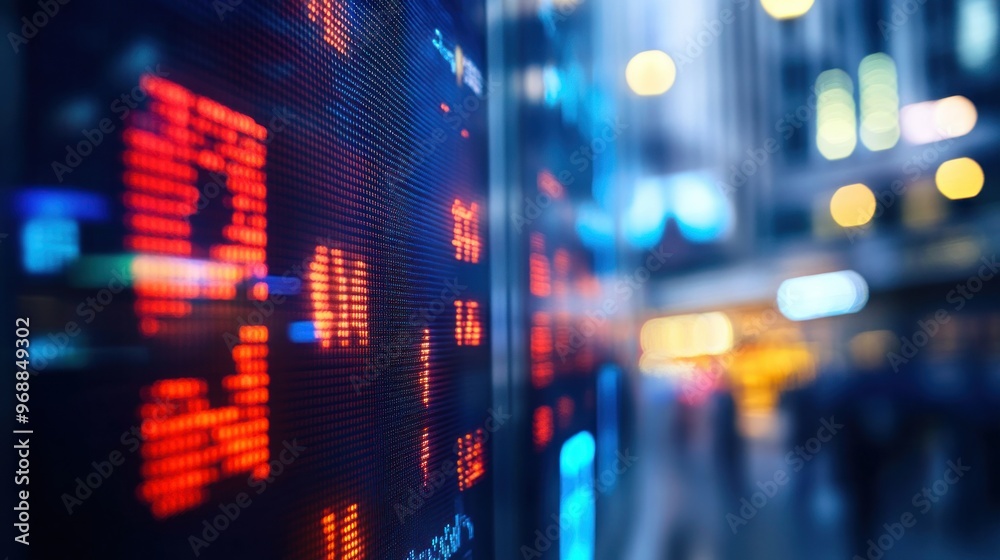 Poster red led display with blurry city lights in the background