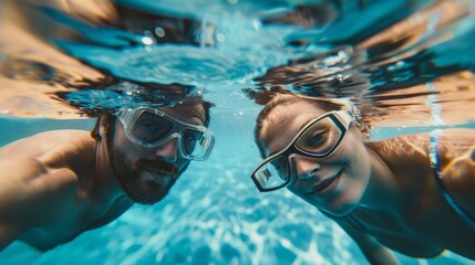 A man and a woman are underwater, wearing goggles and smiling