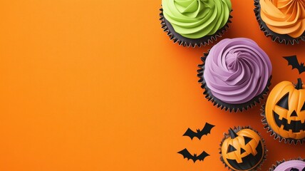 Colorful Halloween cupcakes with spooky bat motifs, perfect for festive celebrations and sweet treats for a hauntingly good time.