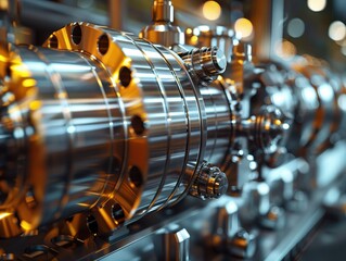 Close-up of a shiny metal valve showcasing intricate details and reflections in an industrial setting.