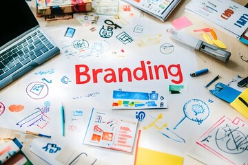 Fototapeta premium Branding Concept with Marketing Materials Displayed on Modern Office Desk