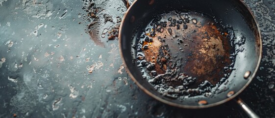 A neglected frying pan with burnt residue, resting on a weathered surface, evoking thoughts of past meals and culinary adventures gone awry.