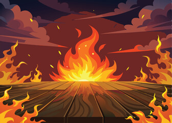 a digital illustration of a fire with a burning wooden table and a fire pit in the background.

