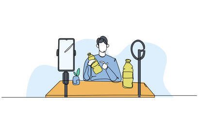 Vector illustration of a man is review a herbal drink product. Modern flat in continuous line style.