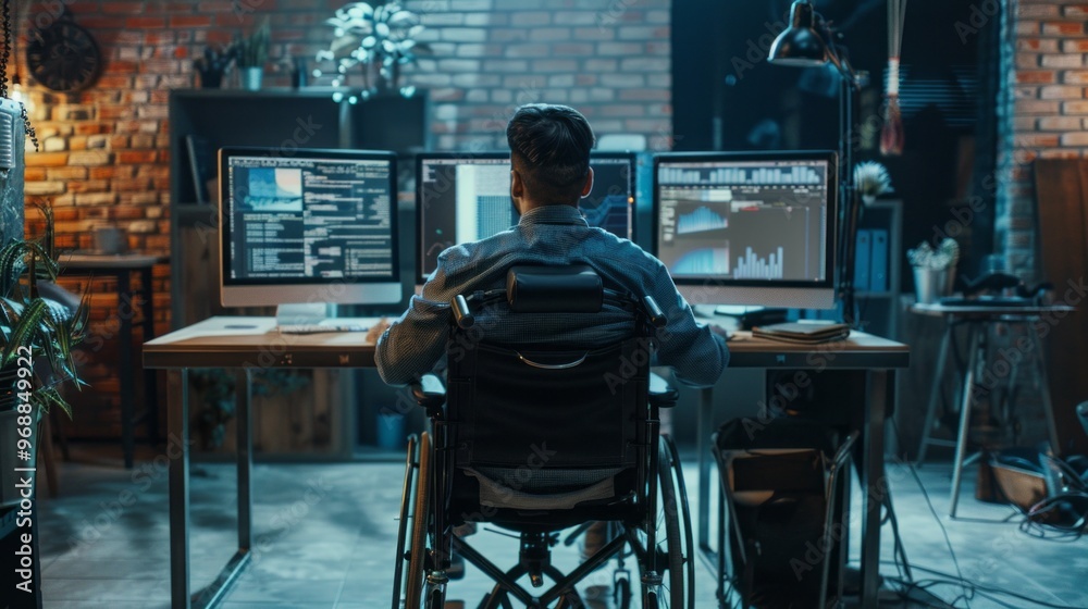 Poster A man in a wheelchair is sitting at a desk with three computer monitors
