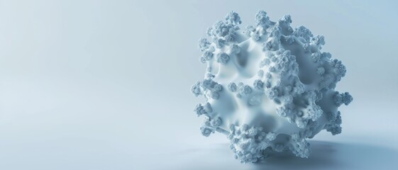 A highly detailed three-dimensional representation of a virus on a smooth, solid background, emphasizing its intricate structure and complexity.