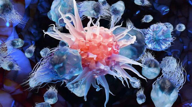 body immune response viral infection by releasing Cytokines, Cancer Immunotherapy, T cell and B-cell immune system fighting viruses, Macrophage, Dendritic or cancer tumor cells, Bacteria, 3d render 