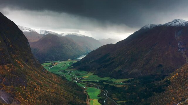 Stunning aerial shots of Josterdalen glacier valley, showcasing its rugged charm and icy splendor amidst the dramatic Norwegian landscape.