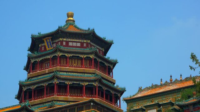 Chinese architecture of sacred summer palace pagoda. Zoom out