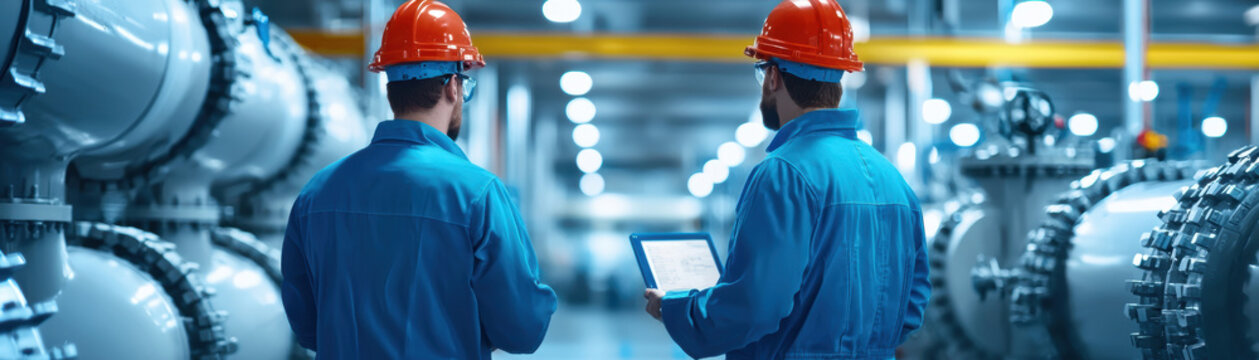Engineers working on complex water treatment systems, industrial environment, 3D illustration
