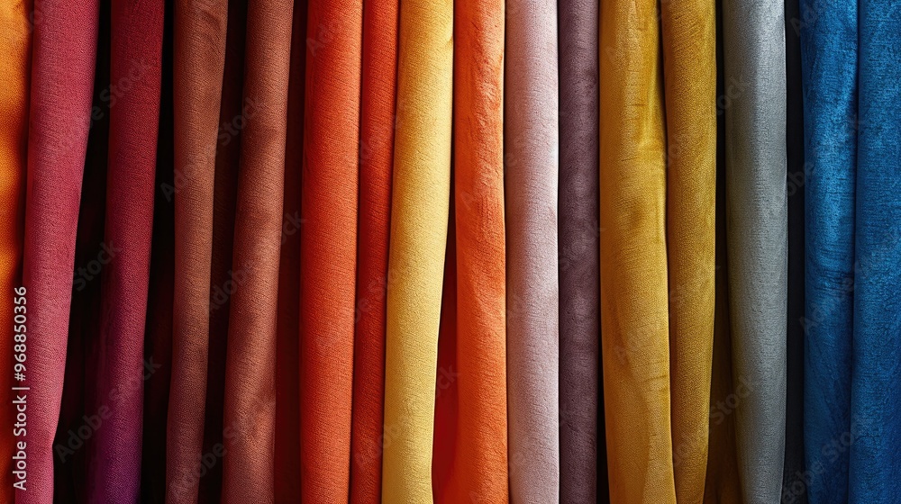 Aufkleber a rainbow of solid color fabric samples, close-up of different textures and finishes from smooth cot