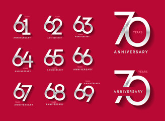 61 to 70 set of anniversary logotype modern number with shiny number. alternative logo number silver anniversary celebration