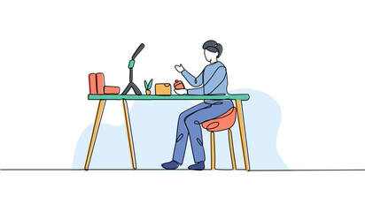 Vector illustration of a man is review a product. Modern flat in continuous line style.