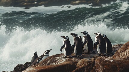 A group of penguins stand on a rocky cliff overlooking a crashing wave.