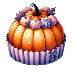 A whimsical pumpkin cupcake topped with colorful frosting and decorative leaves, perfect for autumn celebrations and Halloween.
