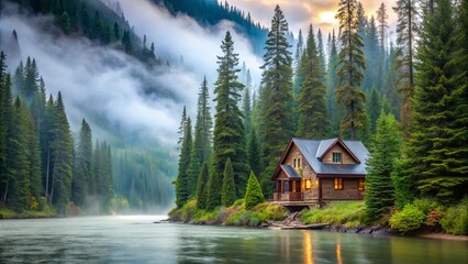 A cozy house surrounded by pine trees on the banks of a foggy river