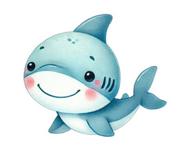 Naklejka premium Adorable cartoon shark with a cheerful smile, perfect for children's illustrations and marine-themed designs.