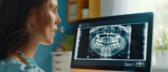 A dentist intently analyzes a dental x-ray on a computer screen, with dental tools and office decor in the background.