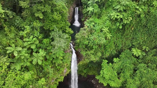 Beautiful Bouma Waterfalls in Taveuni Island jungle. Fiji tourist attraction, drone pull back.