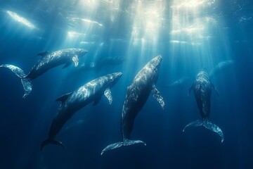 Fototapeta premium Whales swimming gracefully together in deep blue waters. Generative AI