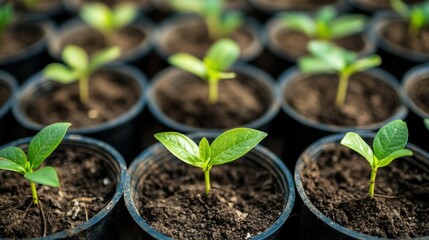 Close-up of Green Seedlings Growing in Pots