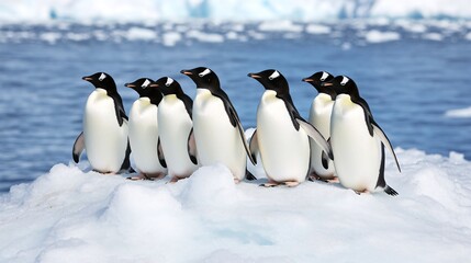 Fototapeta premium A group of seven gentoo penguins standing on an iceberg in Antarctica, with the ocean and other icebergs in the background.