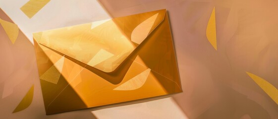 An elegant golden envelope illuminated by warm sunlight, casting playful shadows, suggesting themes of communication, mystery, or surprise.