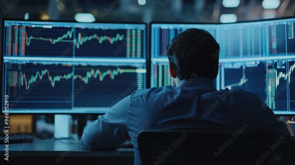 Poster A Man Analyzing Financial Data on Multiple Monitors