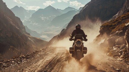 A man is riding a motorcycle on a dirt road in the mountains