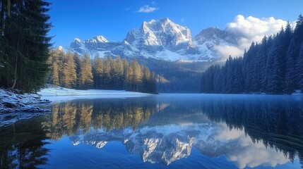 mountain with snow reflected on the lake with clear water wallpaper background