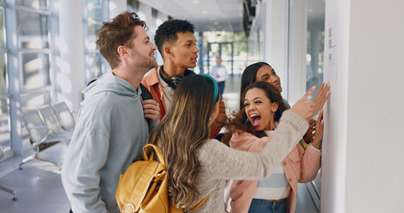Students, university and happy for test results on wall, pass and group for assignment achievement. People, friends and class for reading document on education success, support and wow for victory