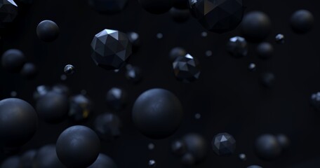 Abstract flying balls - 3D, render. Dark night illustration with polygonal shapes for web wallpapers, posters, banners. Black chaotic bubbles, molecules for science, technology and advertising.