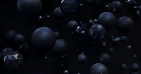 Abstract flying balls - 3D, render. Dark night illustration with polygonal shapes for web wallpapers, posters, banners. Black chaotic bubbles, molecules for science, technology and advertising.