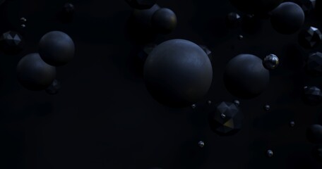 Abstract flying balls - 3D, render. Dark night illustration with polygonal shapes for web wallpapers, posters, banners. Black chaotic bubbles, molecules for science, technology and advertising.