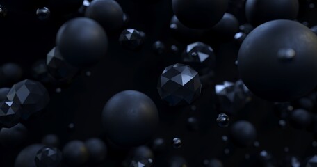 Abstract flying balls - 3D, render. Dark night illustration with polygonal shapes for web wallpapers, posters, banners. Black chaotic bubbles, molecules for science, technology and advertising.