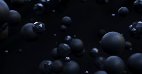 Abstract flying balls - 3D, render. Dark night illustration with polygonal shapes for web wallpapers, posters, banners. Black chaotic bubbles, molecules for science, technology and advertising.